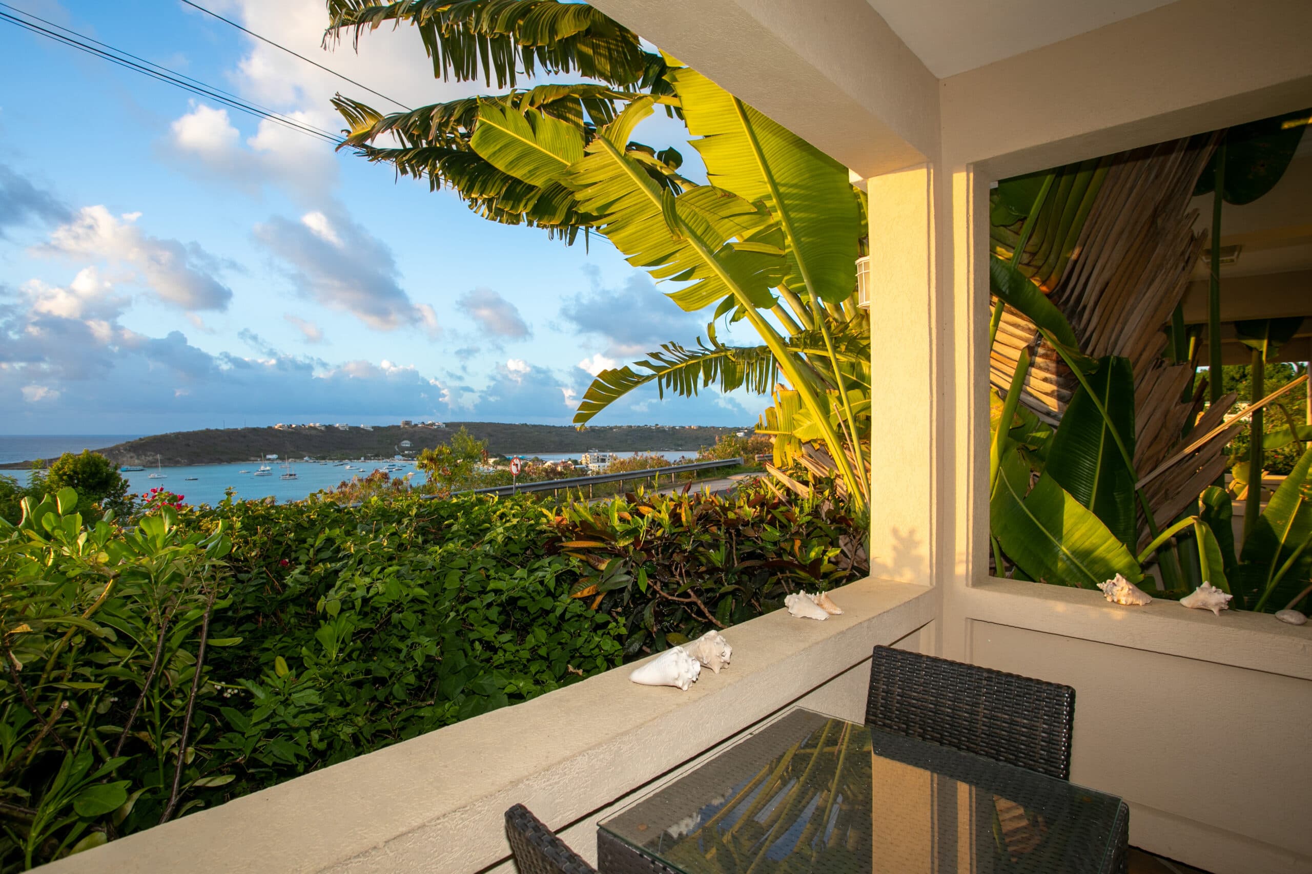View of a tropical landscape with a table and chairs overlooking the sea and lush greenery.