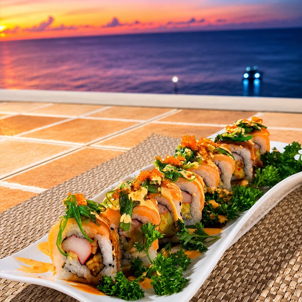 A vibrant plate of sushi rolls garnished with herbs, set against a stunning sunset by the ocean.