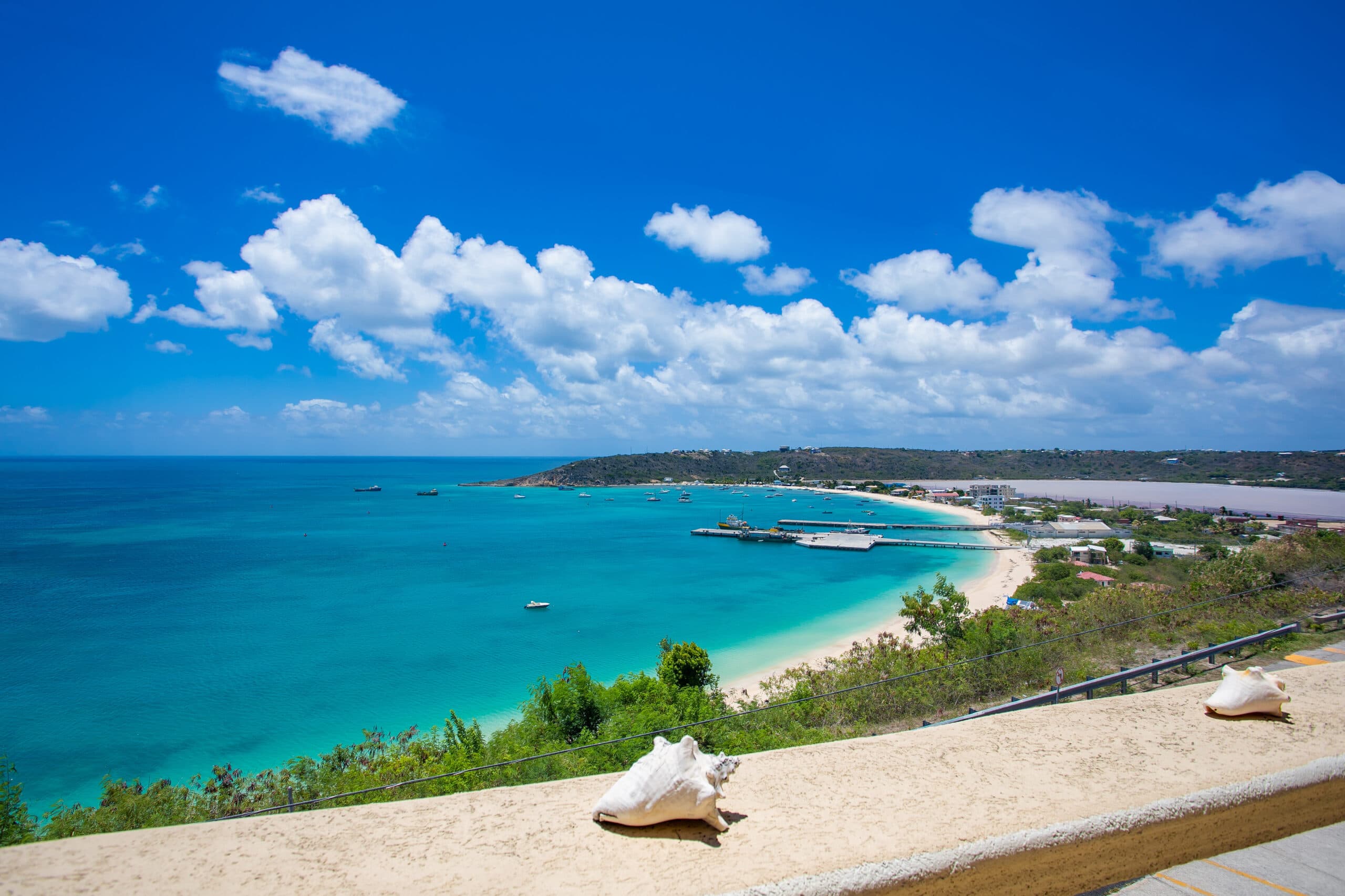A sunny coastal view with turquoise waters, white clouds, and a beach lined with greenery.