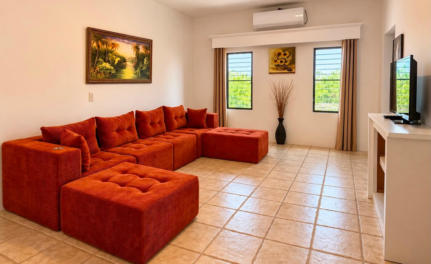 A cozy living room featuring an orange sectional sofa, a plant, and a television against a bright, light-colored wall.