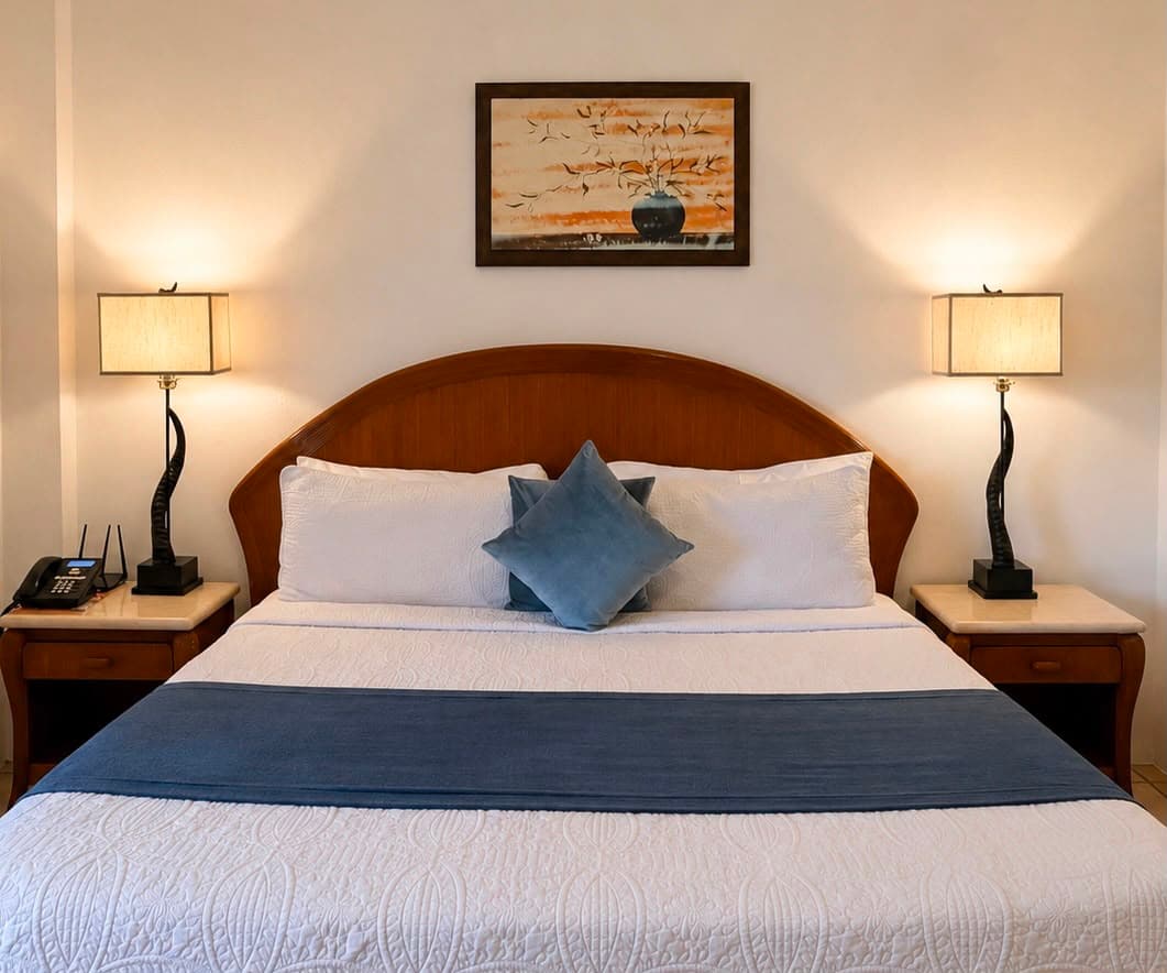 A cozy bedroom with a large bed, two bedside lamps, and a decorative painting above the headboard.