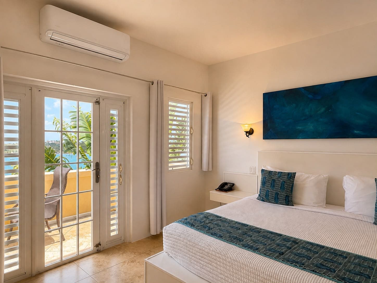 Bright bedroom featuring a white bed, blue accent decor, and balcony doors opening to a scenic view.