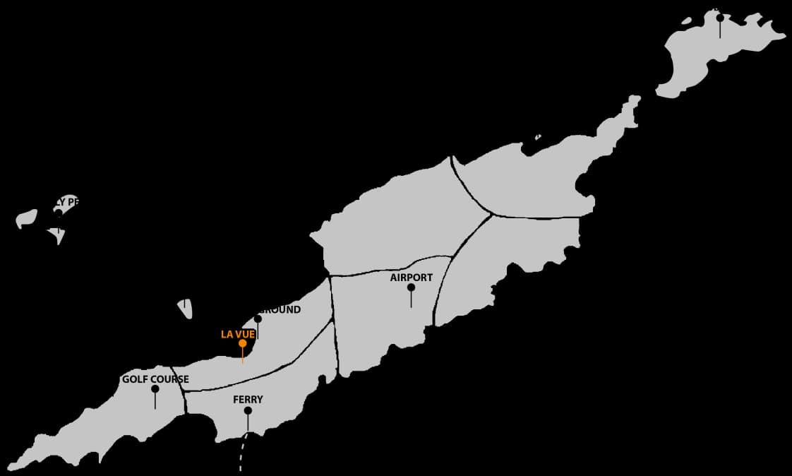 Map highlighting key locations including a ferry, airport, golf course, and a mound in an unidentified area.